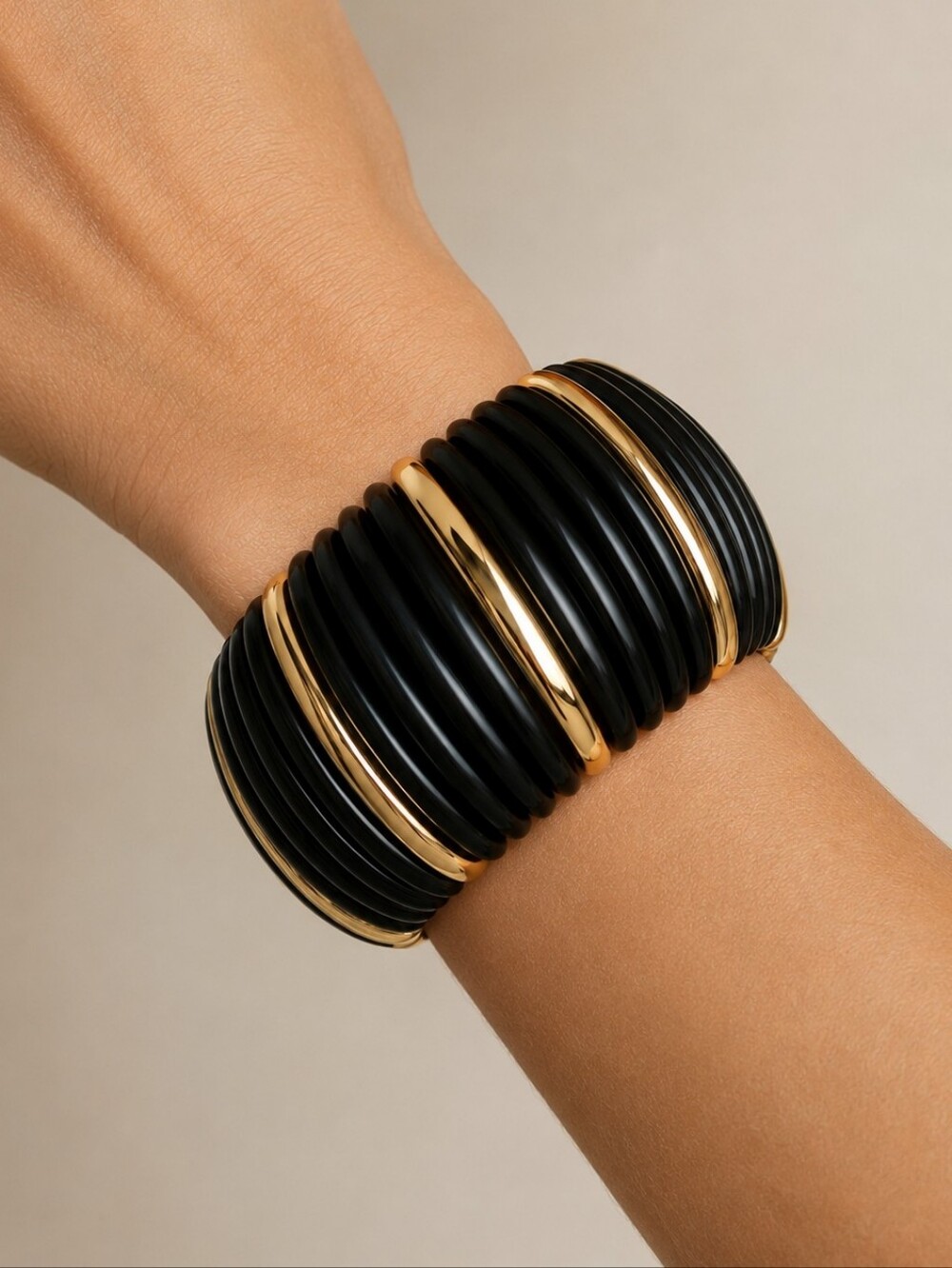 Black Gold Stretch Chunky Boho Bangle Bracelet Statement Resin Cuff classic💖
